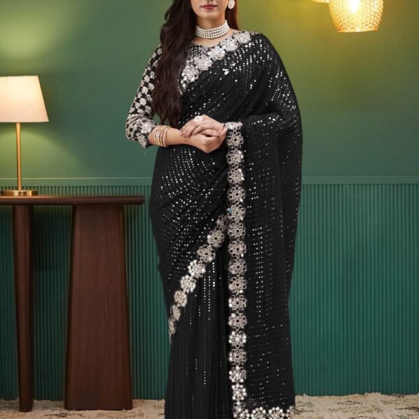 🔥🔥🔥কালো কালারের ইন্ডিয়ান ওয়েডলেস জর্জেটের এর উপর সিকুয়েন্স মিরর এর কাজ করা শাড়ি😍😍😍